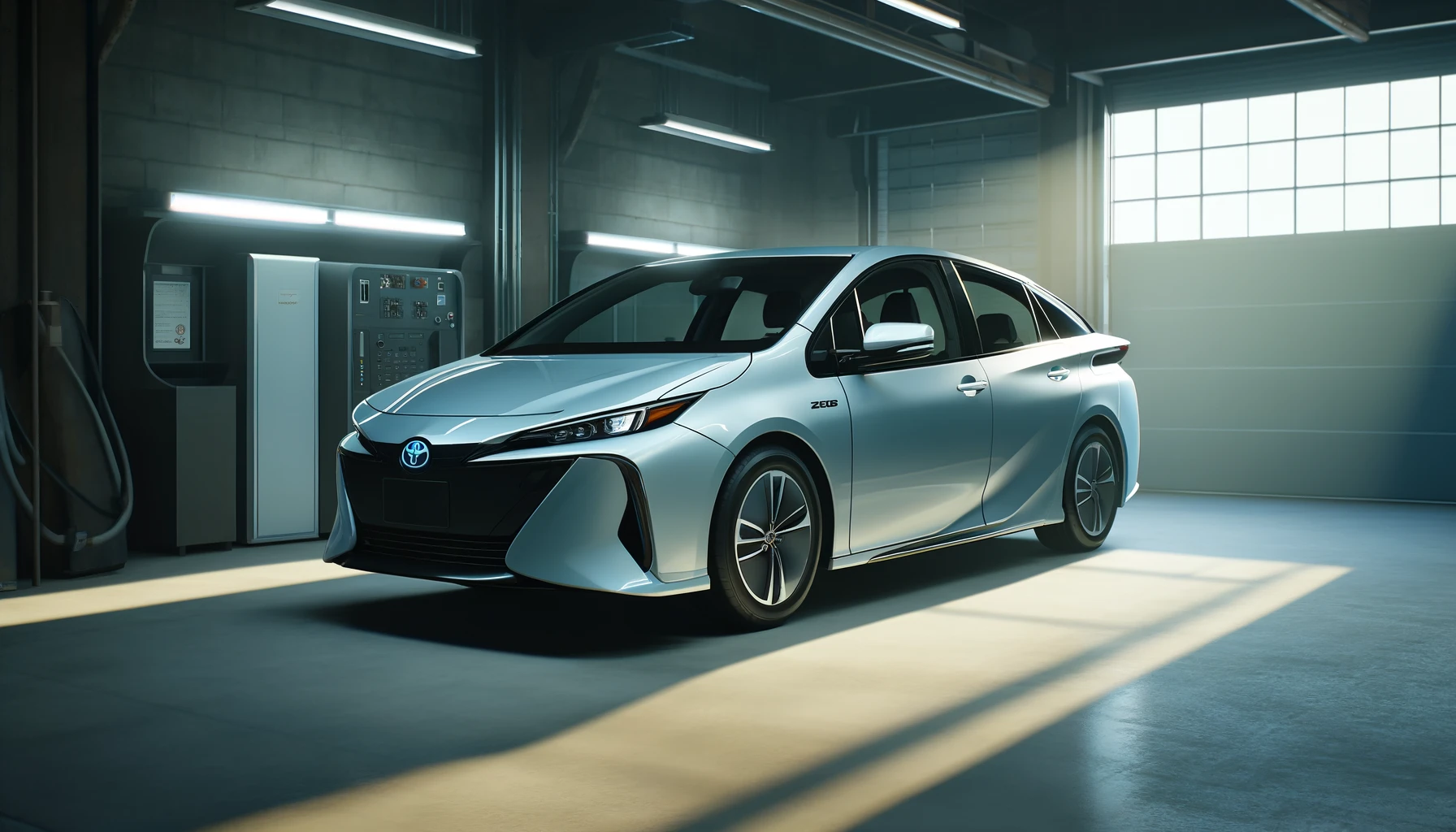 2023 Toyota Prius in a garage, showcasing its sleek design and electronic door handles, highlighting modern automotive technology for an article on the vehicle's recall.
