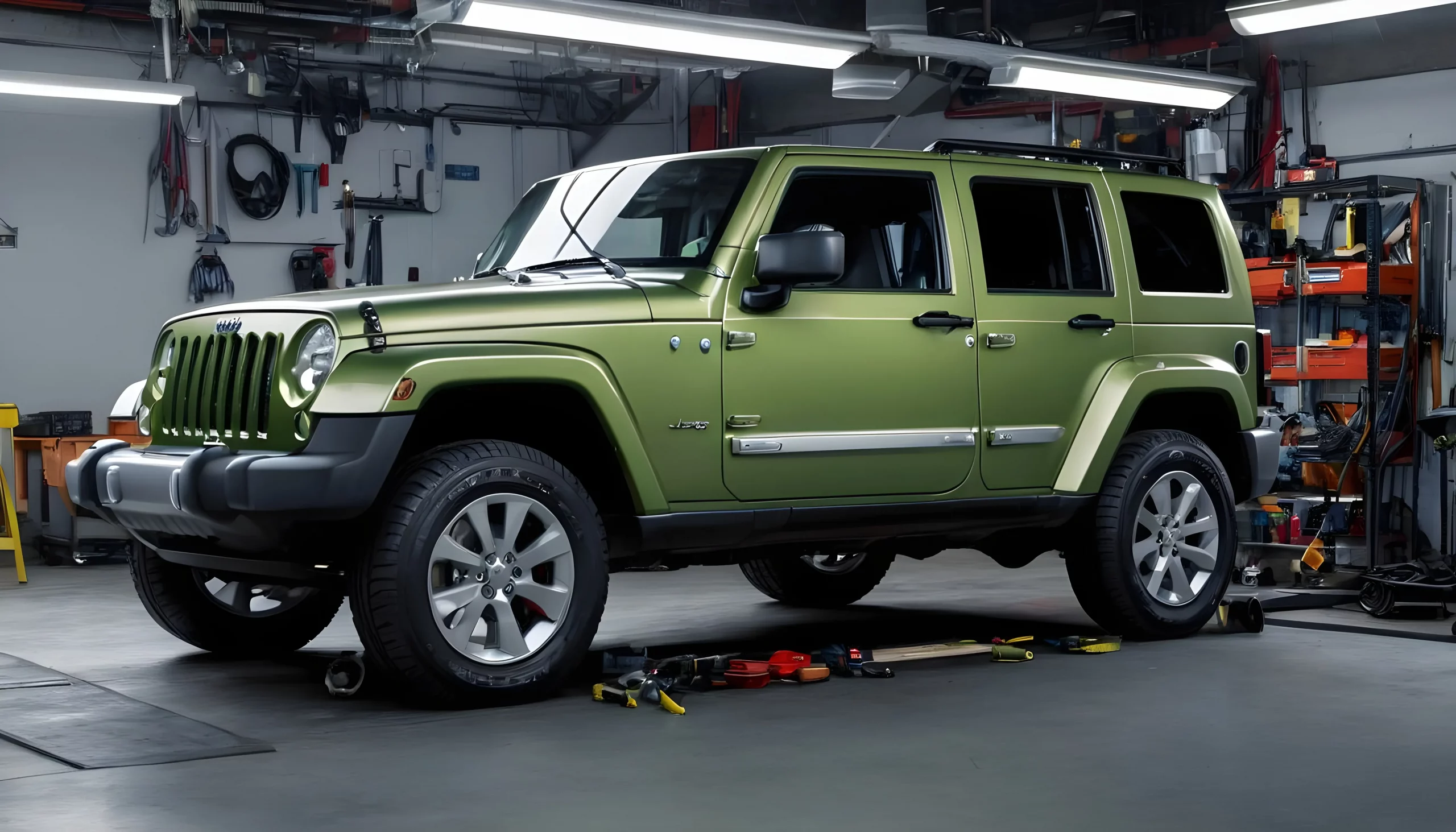 A 2024 Jeep model in a mechanic's garage, surrounded by tools and diagnostic equipment, highlighting the ongoing safety recall checks.
