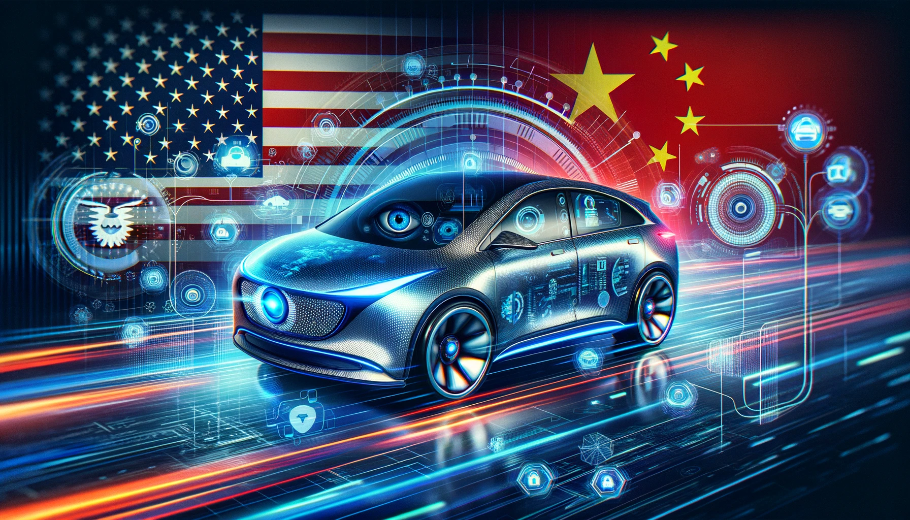 Banner depicting a contemporary smart car against a backdrop of subtly integrated US and Chinese flags, highlighting the geopolitical discussion on restrictions due to surveillance concerns in the smart car industry.