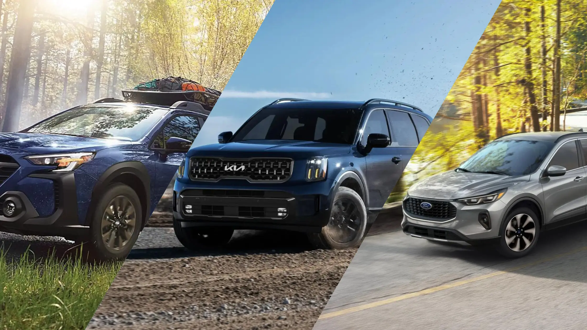 A collage featuring three SUVs driving in different outdoor settings: a blue Subaru Outback driving through a forest with camping gear on the roof, a blue Kia Telluride driving off-road kicking up dirt, and a silver Ford Escape towing a boat on a scenic road surrounded by trees.