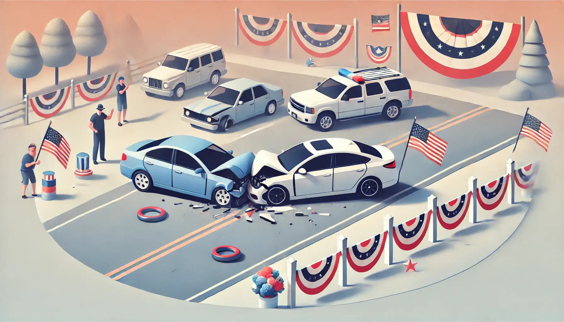 Depiction of a car crash on a road with Fourth of July decorations, highlighting the increased risk of accidents during Independence Day celebrations.