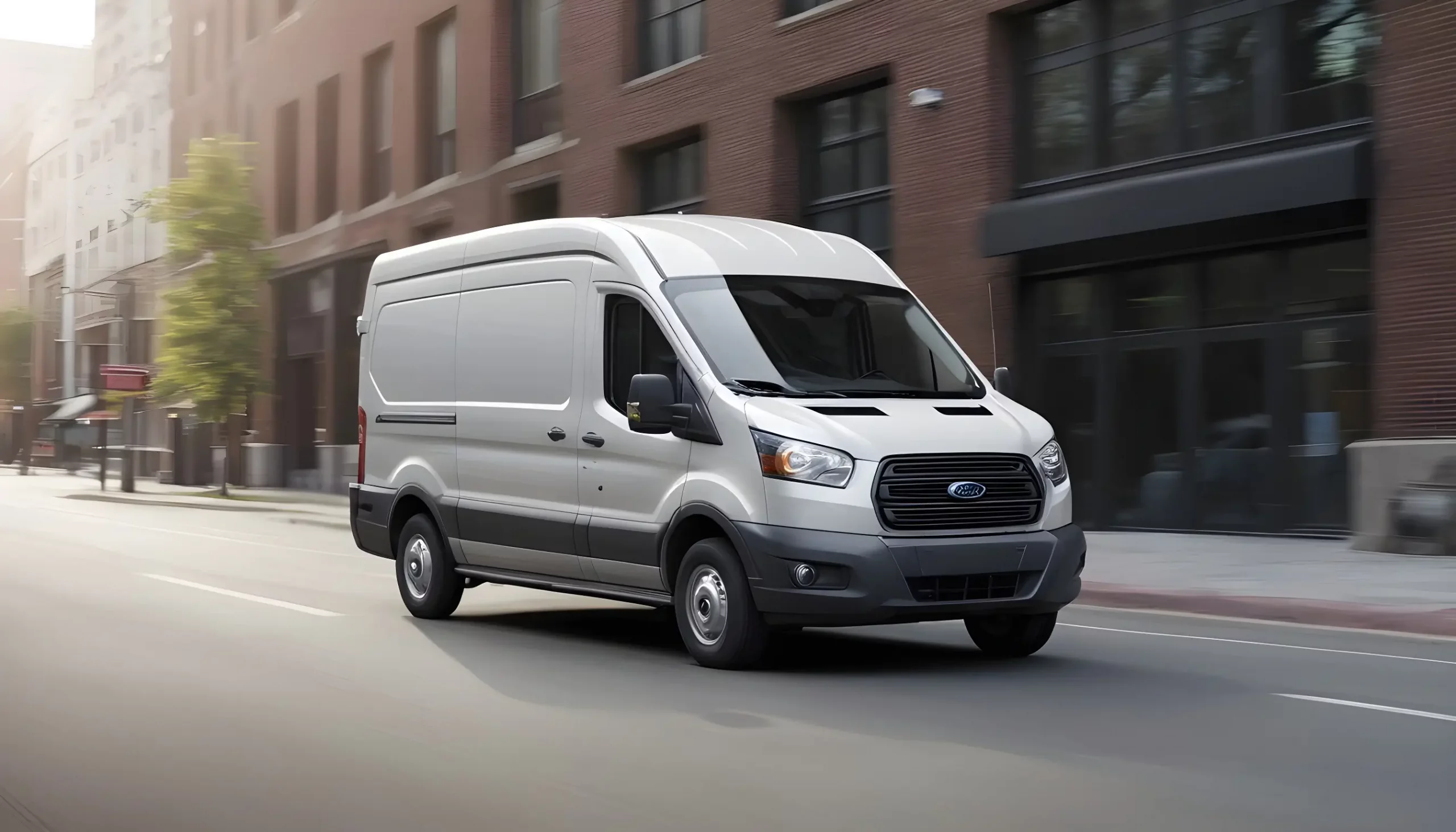 Silver 2024 Ford E-Transit driving in an urban setting, highlighting its modern design and suitability for city-based businesses.