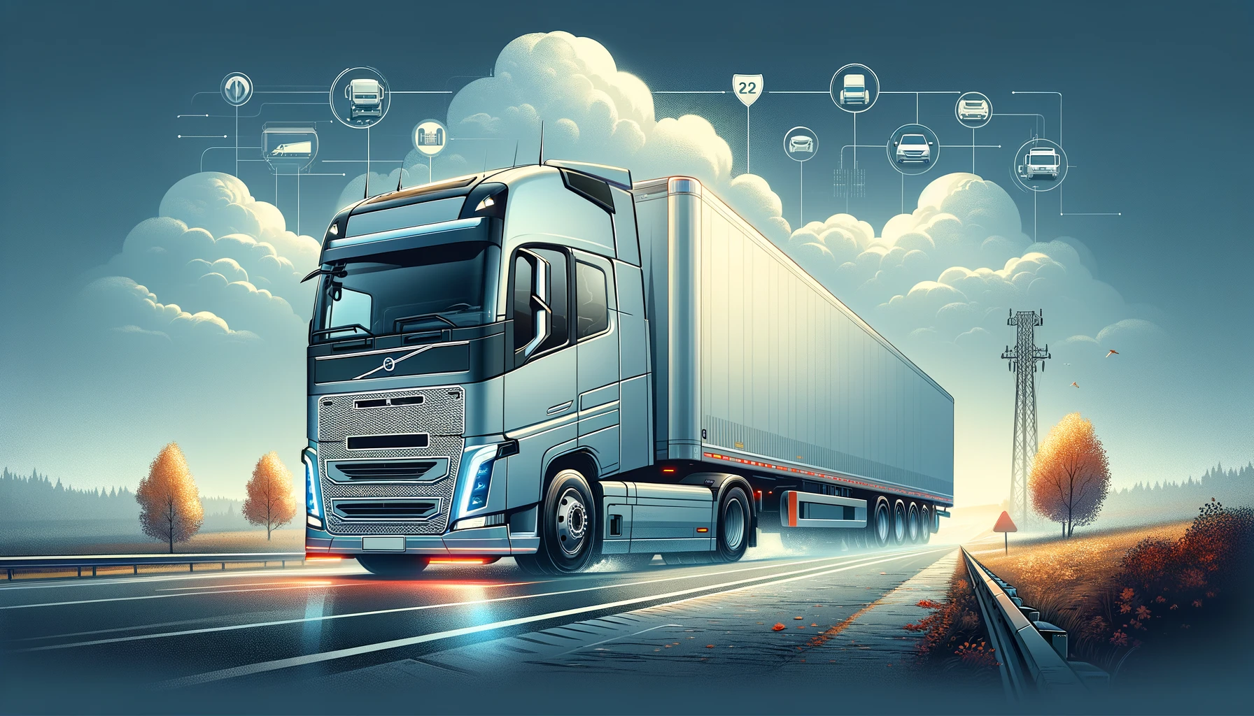 Banner image featuring a Volvo VNL Class 8 tractor-trailer on an open highway, symbolizing robust efficiency, advanced technology, and driver comfort, with autumn foliage and clear skies in the background.