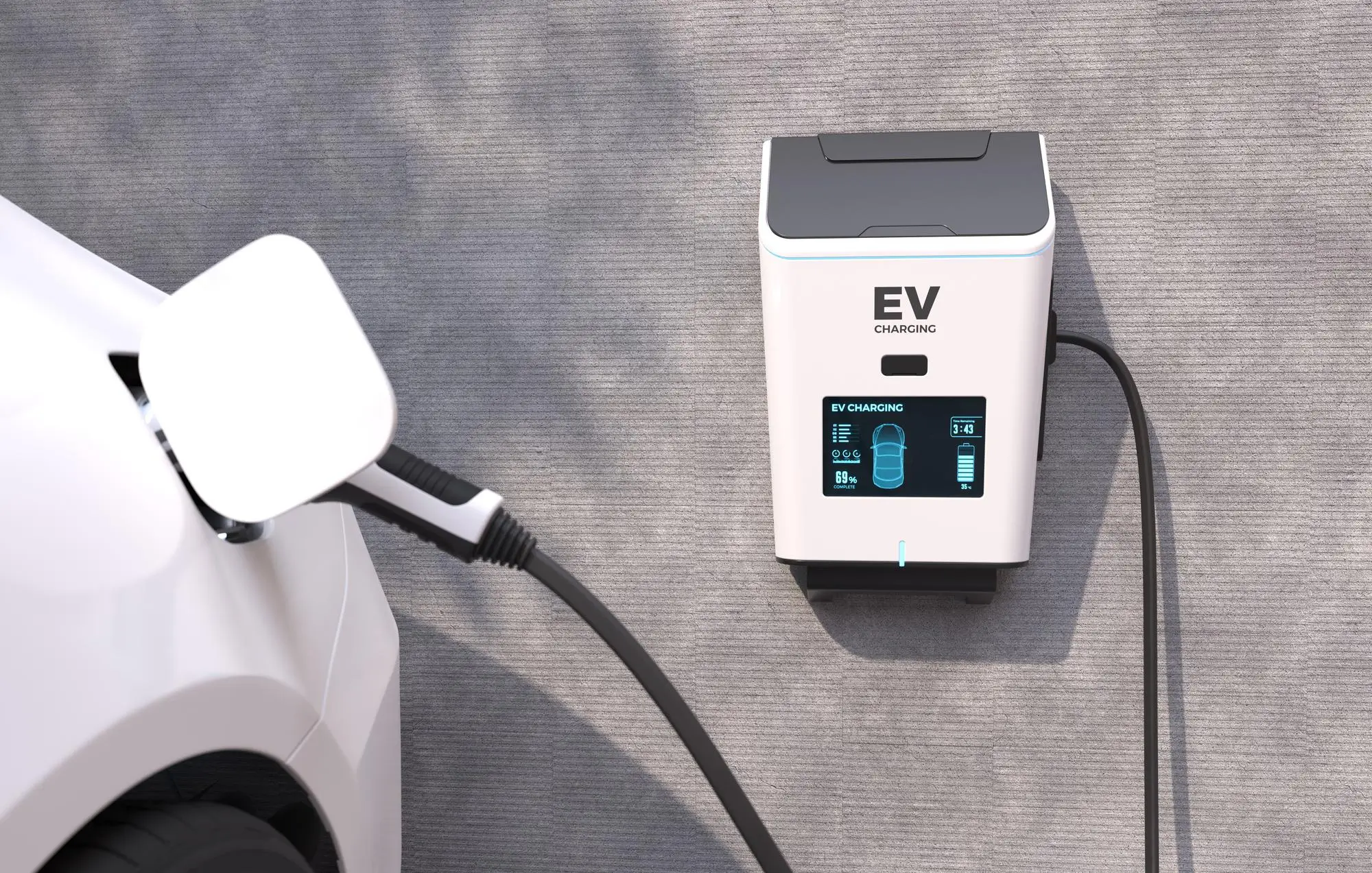 Close-up of an electric vehicle charging station in use, with a digital display indicating charge status, symbolizing the convenience and technology driving the EV revolution.