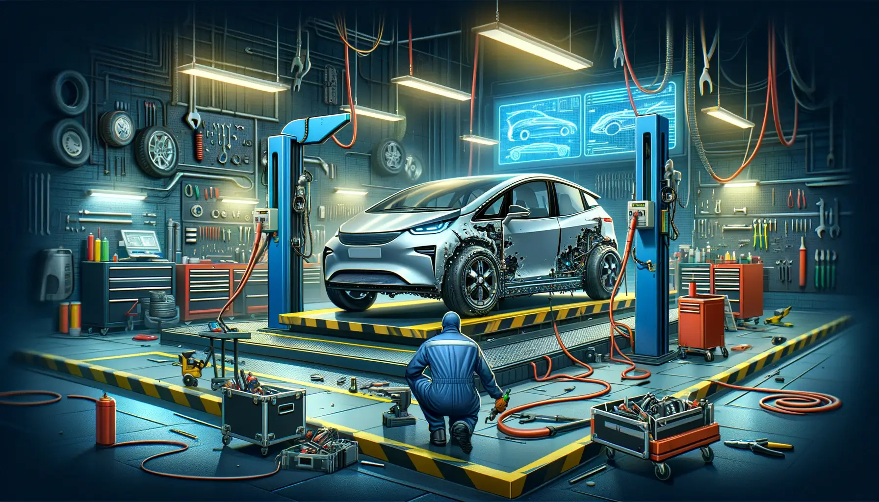 A modern automotive repair shop with a technician working on a damaged electric vehicle, highlighting the specialized tools and professional environment for EV collision repairs.