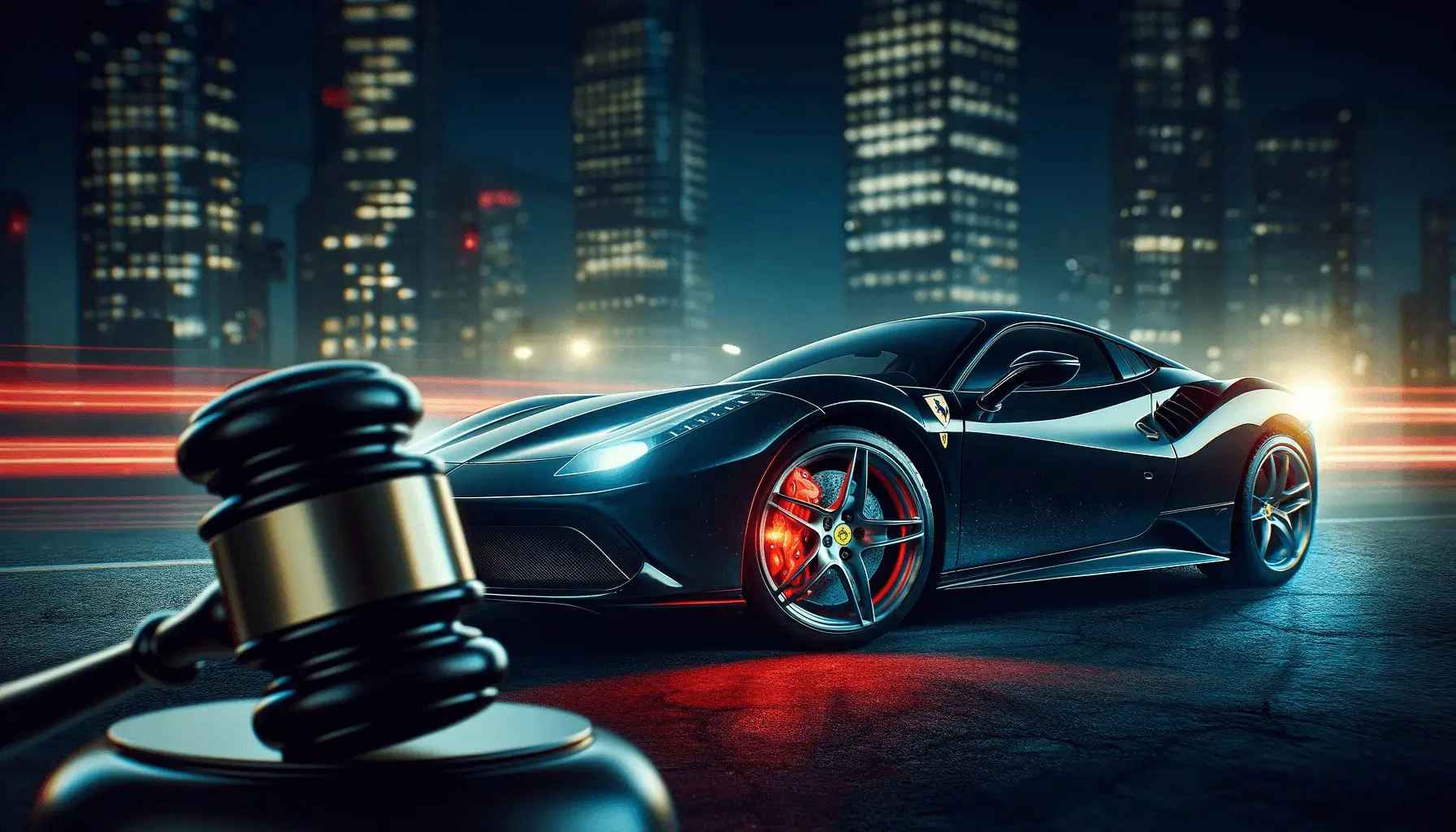 Banner depicting a dark Ferrari with highlighted brakes indicating a defect, against a twilight city backdrop with subtle legal symbols, symbolizing the urgency and seriousness of the brake defect lawsuit.