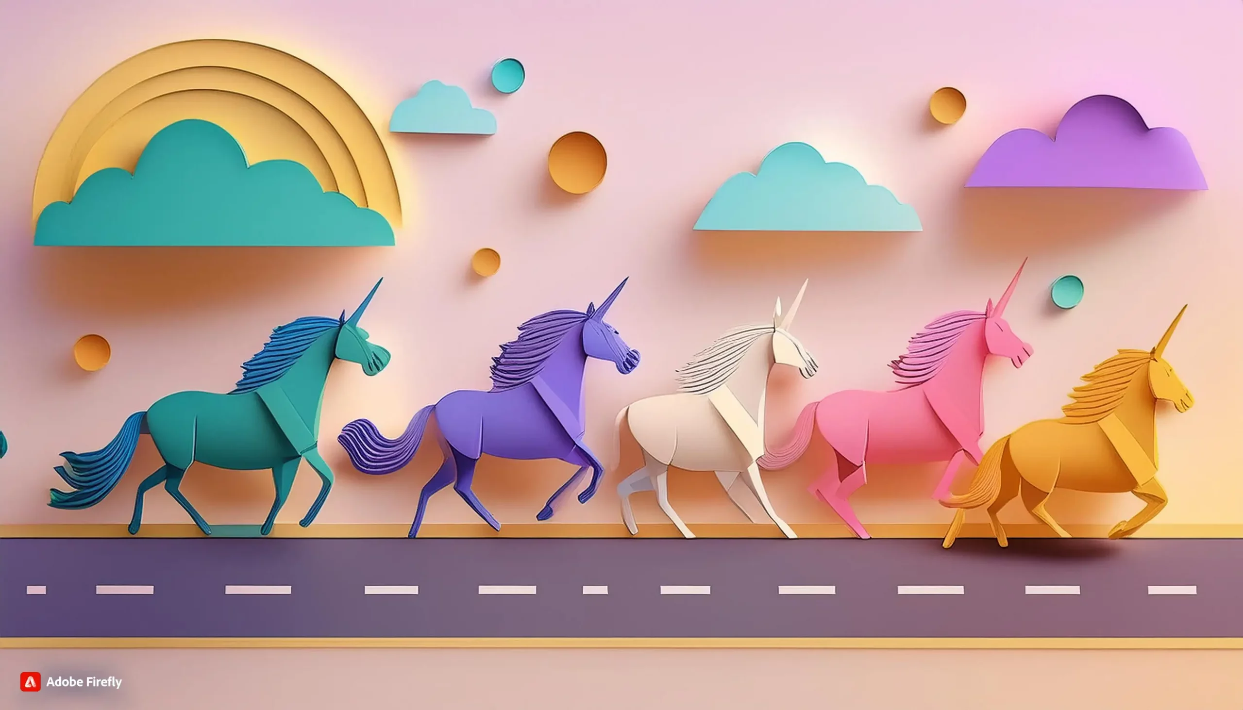 An illustration representing new unicorn car brands in a whimsical, paper-cut style. Five unicorns, symbolizing the innovative car brands Rivian, Lucid Motors, NIO, and Fisker Inc., run along a road under a pastel-colored sky with clouds and a rainbow, highlighting the excitement and vibrant future of the automotive industry.