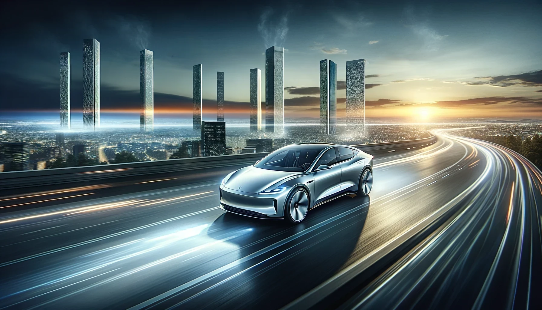 A sleek electric sedan speeds through a futuristic cityscape at dusk, reflecting innovation and sustainability in electric vehicle technology, with modern buildings and integrated solar panels highlighting a clean, energy-efficient future.