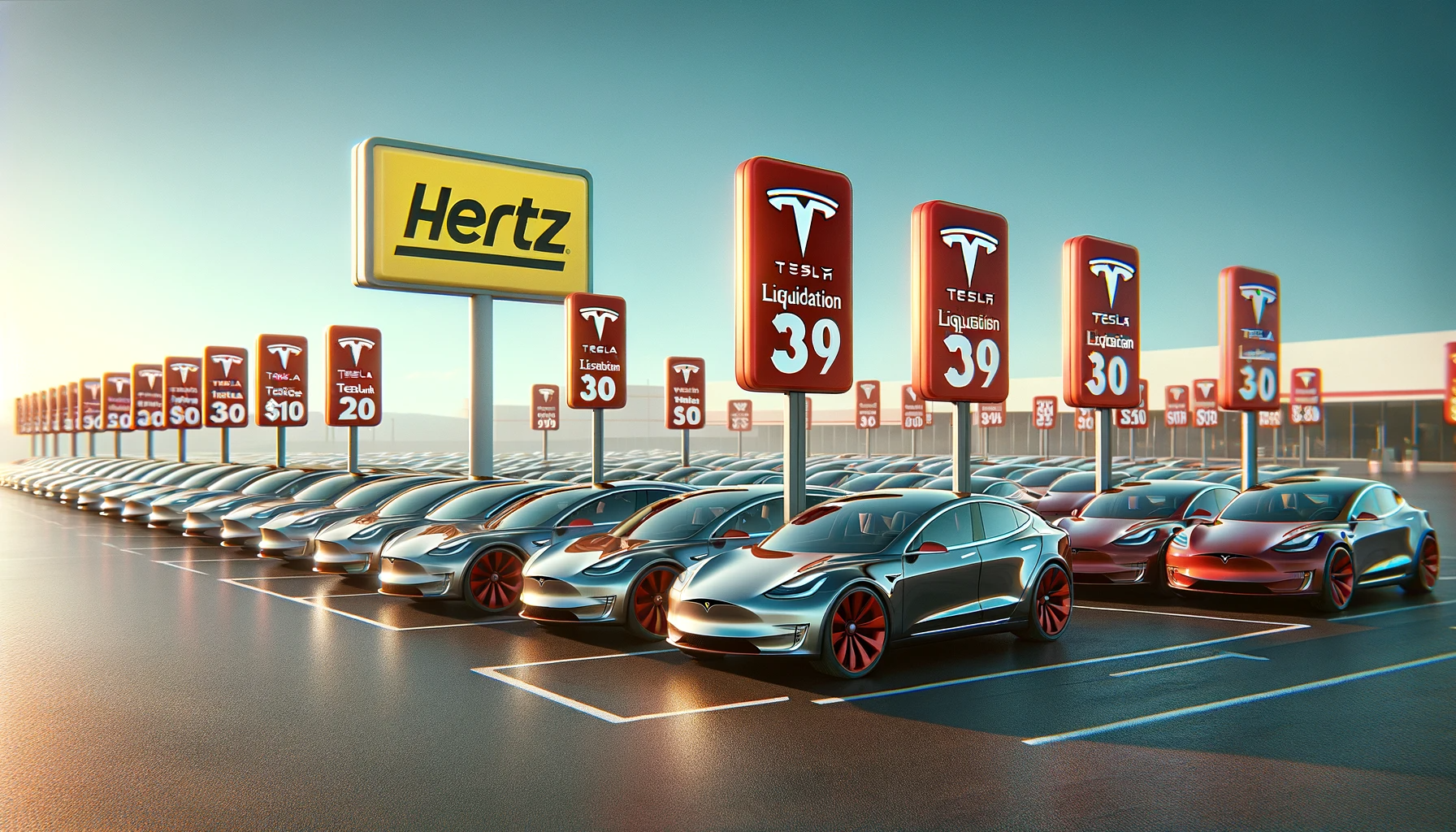 Banner showing Tesla cars on sale at a Hertz lot, with discount signs, symbolizing the large-scale Tesla EV liquidation by Hertz.