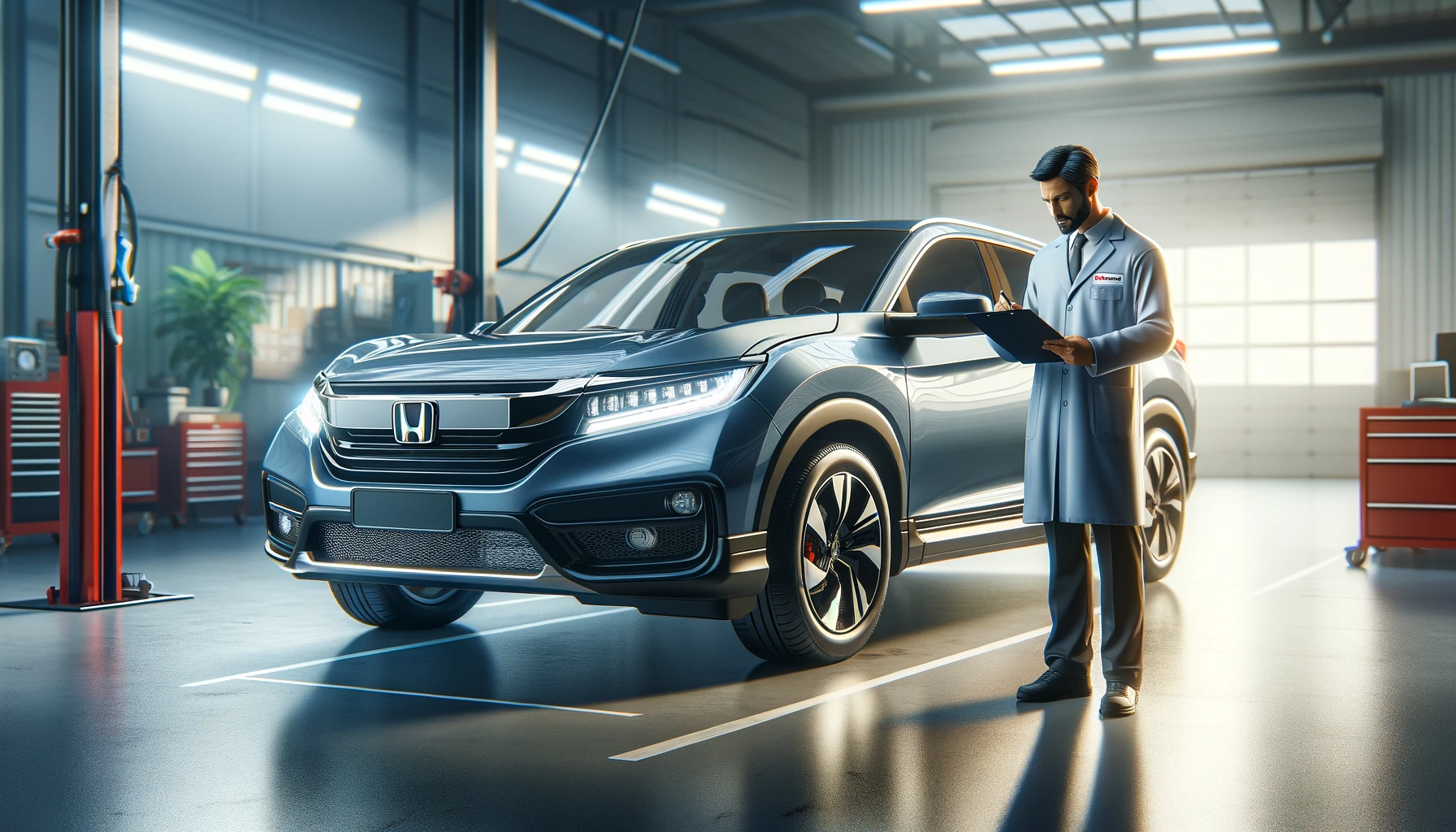 A Honda vehicle undergoing a safety check by a mechanic with diagnostic tools, symbolizing Honda's commitment to reliability and customer safety in the wake of a major recall.