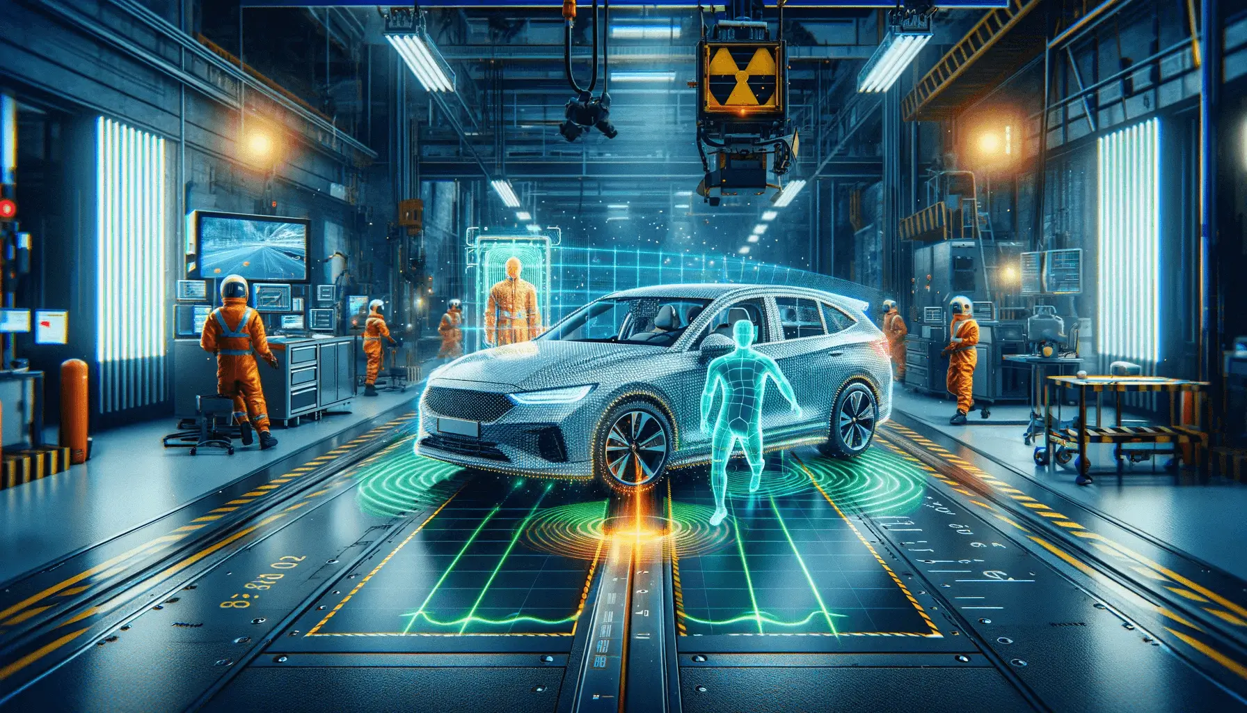 Banner depicting a modern car undergoing safety testing, highlighting pedestrian detection technology and back-seat safety features, set in a professional testing facility.
