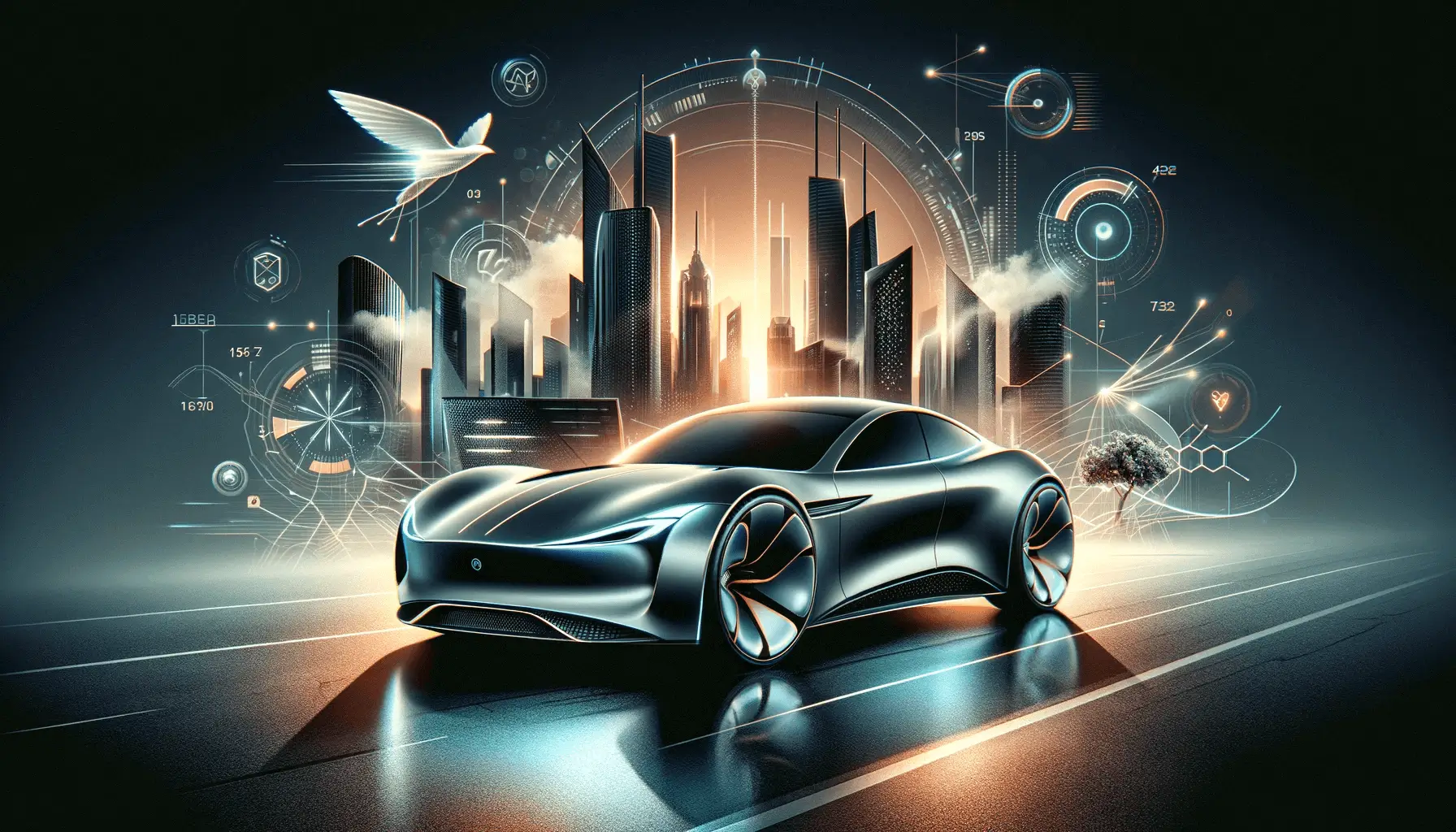 A sleek, avant-garde electric car representing Karma Automotive's innovative future, set against a backdrop of technological advancement and sustainability, symbolizing the brand's commitment to luxury electric mobility.