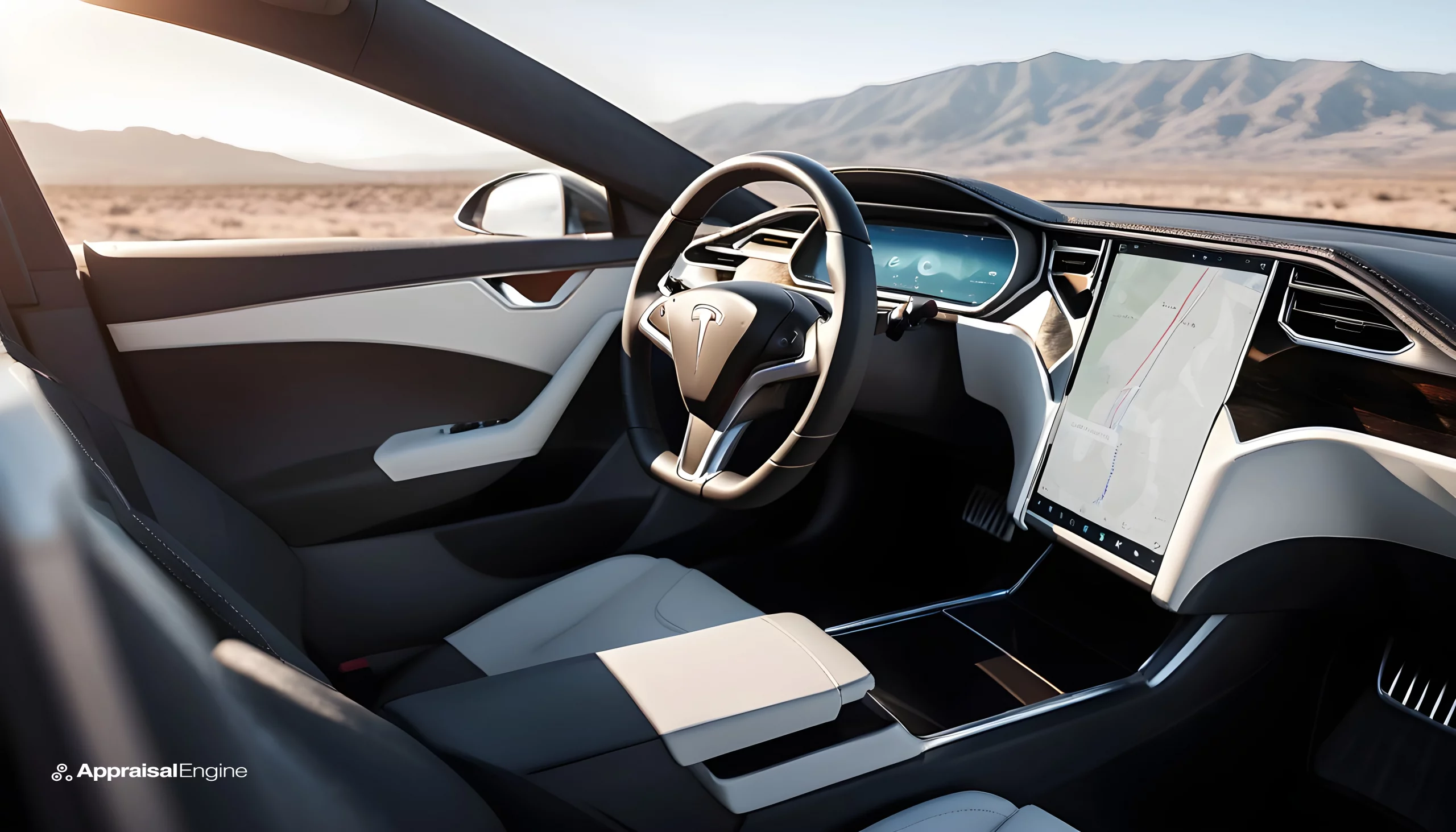 Interior view of a Tesla car showcasing the steering wheel and Autopilot interface on the central touchscreen, hinting at the blend of luxury and technology.