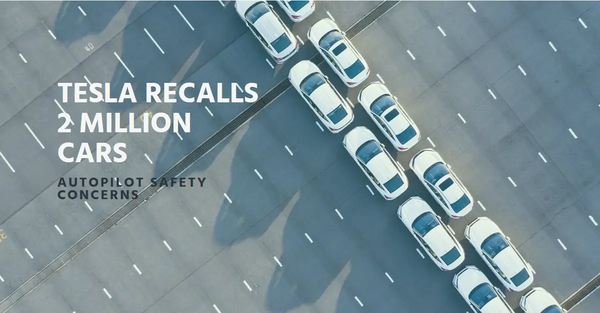 Aerial view of Tesla cars lined up, highlighting the large-scale recall due to Autopilot safety concerns, emphasizing the magnitude of Tesla's proactive safety measures.