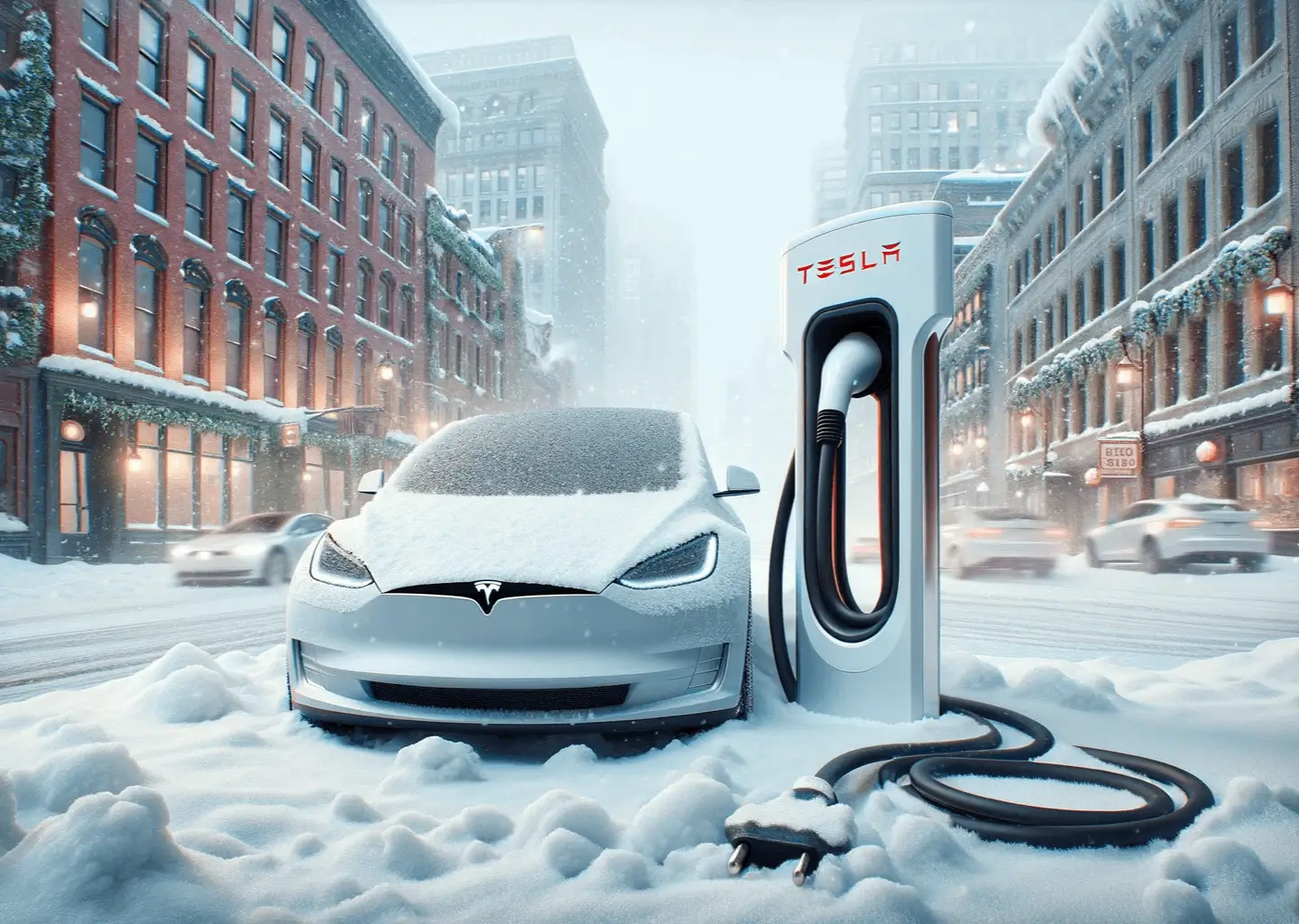 Tesla EV charging plug in a snowy urban setting, showcasing cold weather charging solutions in a city environment.