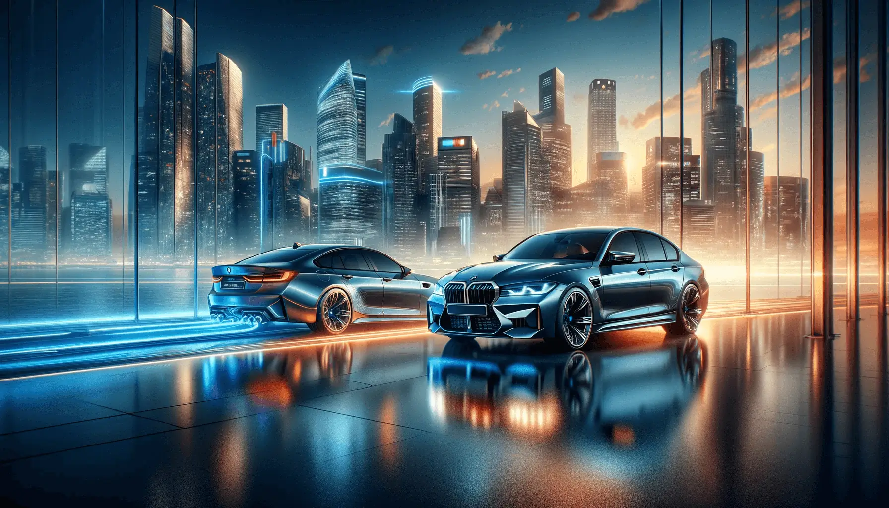 Futuristic cityscape at dusk with modern BMW M3 models, showcasing the evolution from gasoline to electric power, symbolizing innovation and tradition.