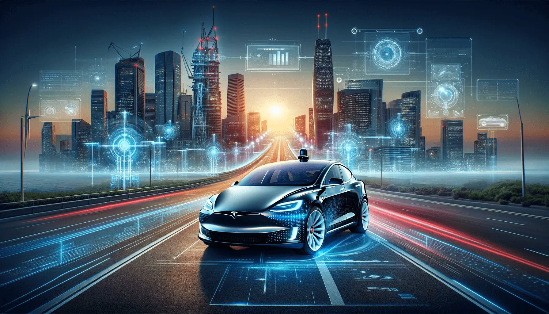 A Tesla car driving on a digitally enhanced road at dusk, showcasing the futuristic Full Self-Driving technology amid a modern cityscape.