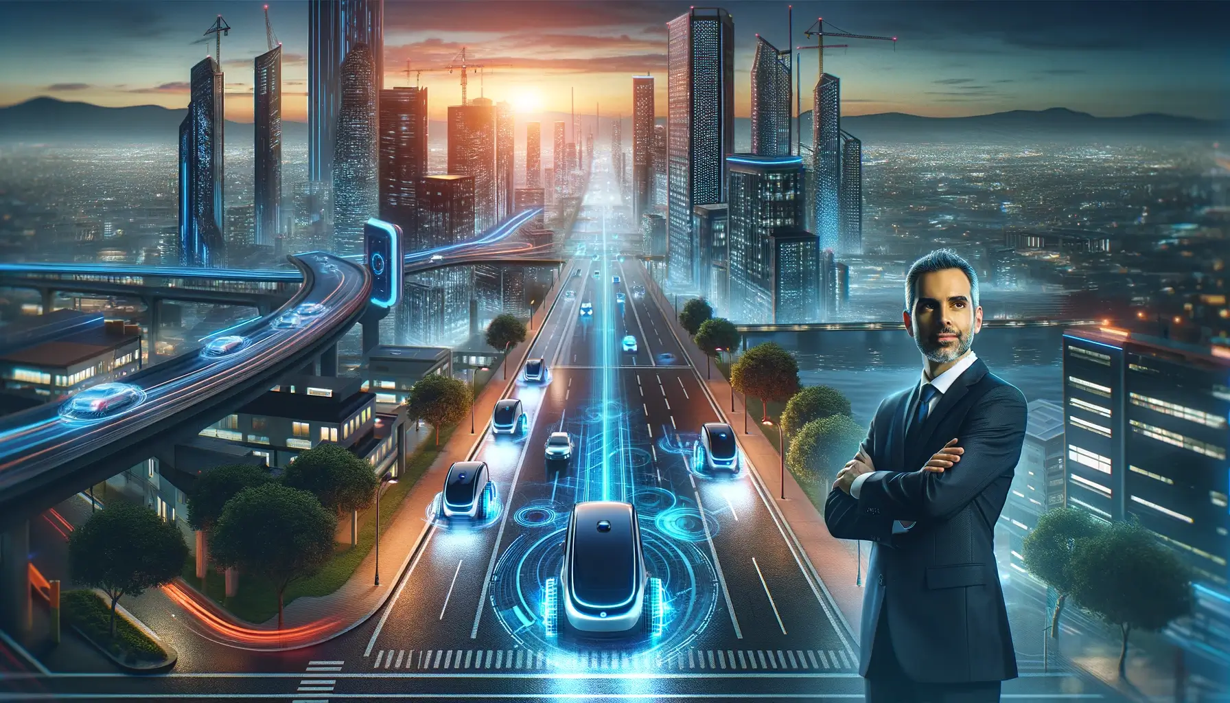 Futuristic cityscape at dusk with autonomous vehicles and a professional overseeing safety, symbolizing Steve Kenner's leadership in driving safety innovation for Cruise.
