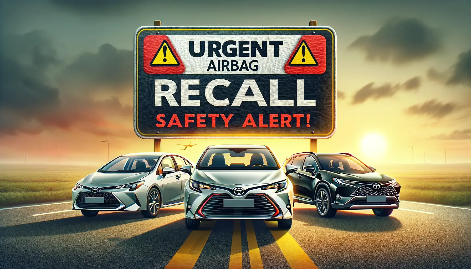 Banner featuring Toyota Corolla, Matrix, and RAV4 on a highway with an 'Urgent Airbag Recall Safety Alert' sign against a sunrise backdrop, indicating immediate action required for vehicle owners.