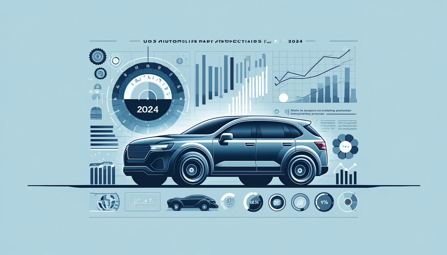 A banner image for the article "US Automotive Market Projections for May 2024," featuring a stylized car, simple graphs, and charts indicating market trends. The design uses a professional color scheme with shades of blue and gray, with the title prominently displayed.