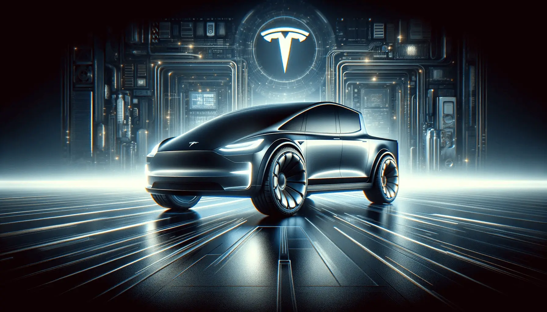 Futuristic Tesla Cybertruck equipped with innovative aero wheel covers, highlighting advancements in electric vehicle efficiency and design, set against a modern, technological background.