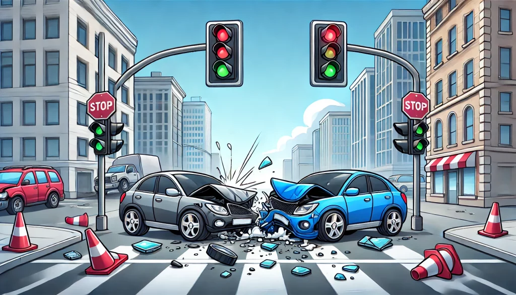 Two cars collide in a busy city intersection, highlighting the immediate aftermath of a car accident and the potential for a vehicle being declared a total loss.