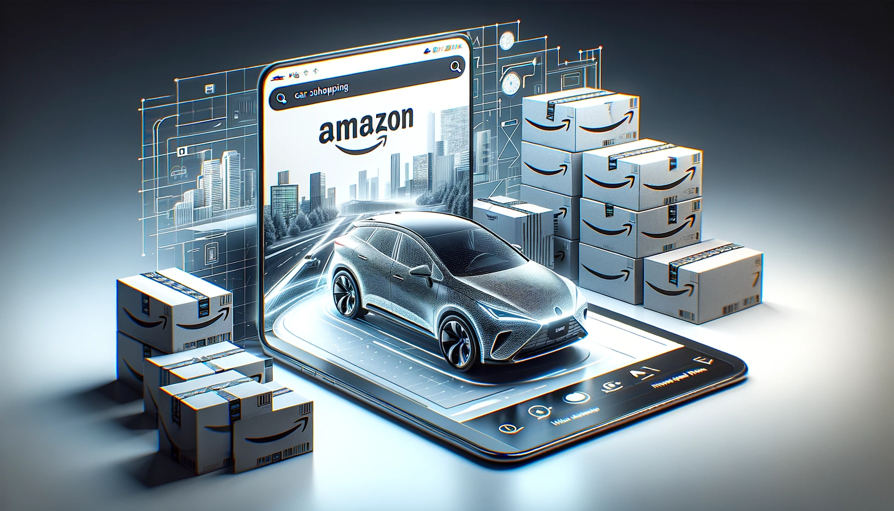 Article banner depicting a car emerging from a digital screen with Amazon boxes, set against a modern cityscape with Amazon's logo.